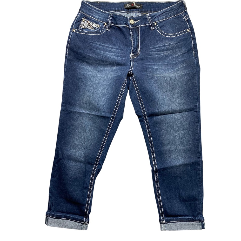 Love x Indigo Women's‎ Blue Embellished Pocket Denim Capris Size 10 - Picture 2 of 15